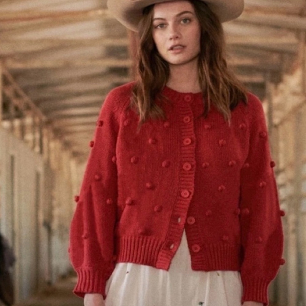 THE GREAT. Bobble Knit Pom Pom Cardigan